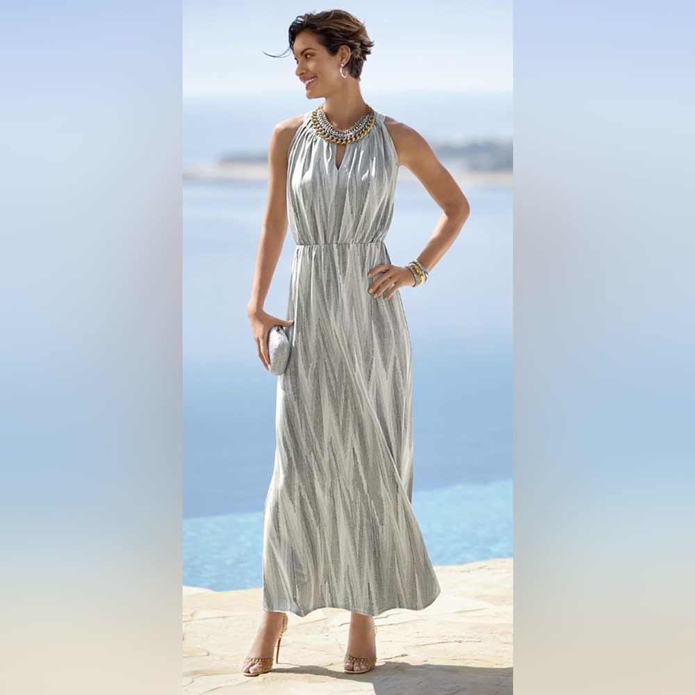 Chicos TIME TO SHINE CHEVRON gray/silver MAXI DRESS White Long Halter